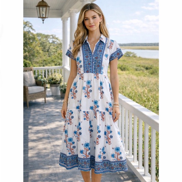 Victoria Dunn Dresses & Skirts - Victoria Dunn Folly Rosa Blockprint Midi Dress Size XS